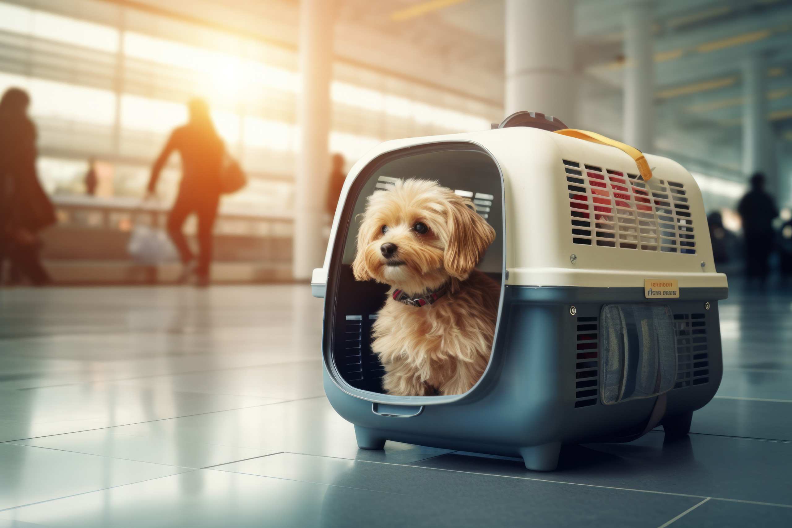 Small dog in a dog carrier in international airport. Transporting pets in airplane cargo. Ein Hund sitzt brav in seiner Transportbox, bereit für den Abflug.