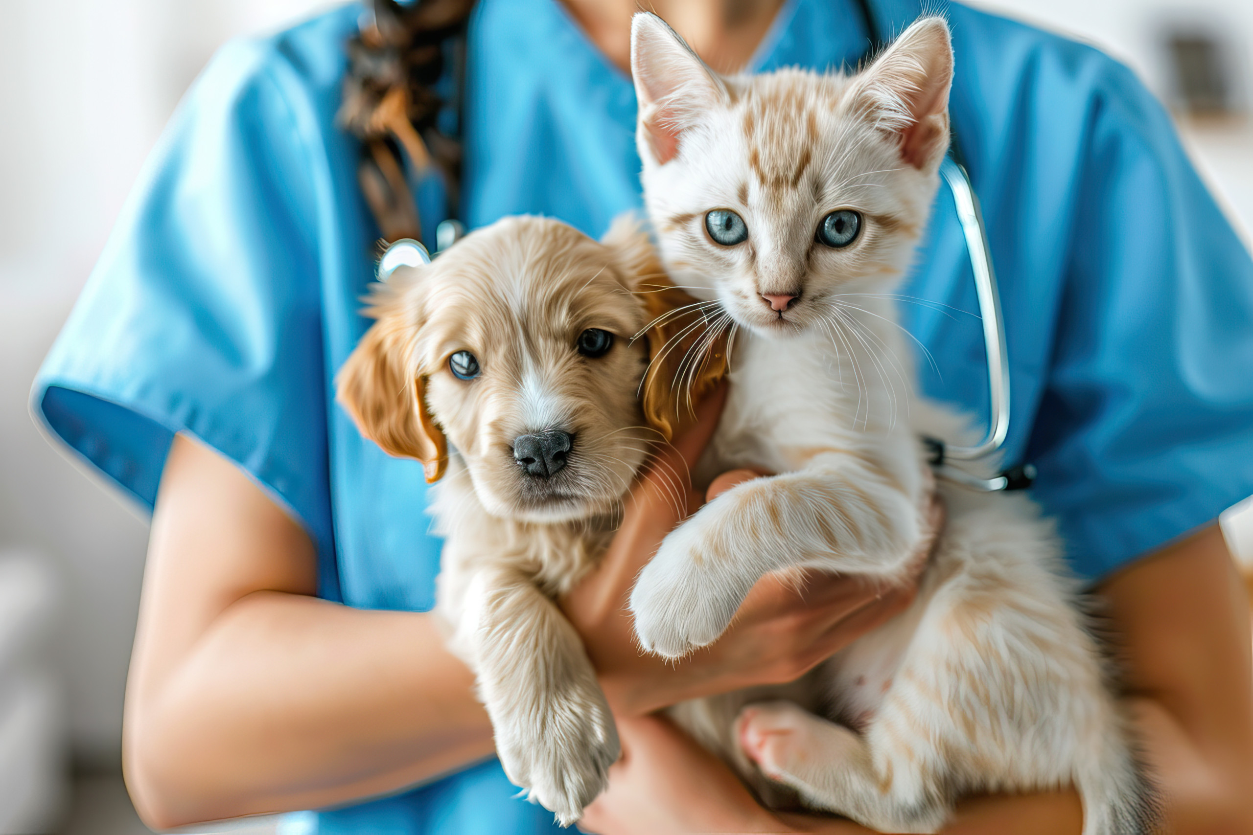 female veterinarian holding cat and dog in hands. Hospital background. AI generated illustration Ein Hund und eine Katze müssen zum Tierarzt. Das ist kein Problem, da für beide eine digitale Tierversicherung abgeschlossen wurde.