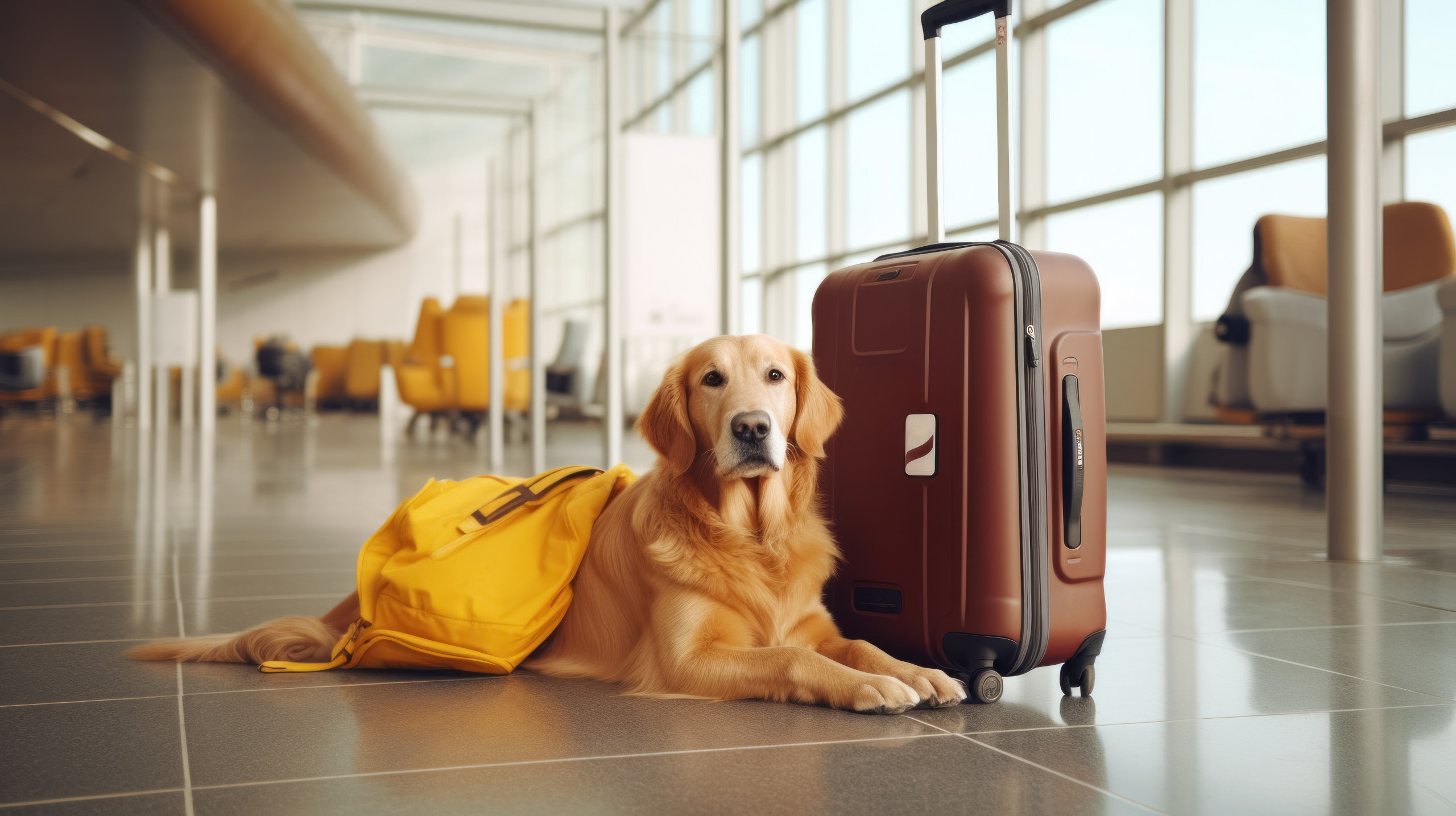 Concept of traveling with pets: a dog retriever sits at the airport or train bus station waiting for the plane next to the suitcases Ein Hund sitzt neben den Reisekoffern und wartet auf die Abreise mit dem Flieger.