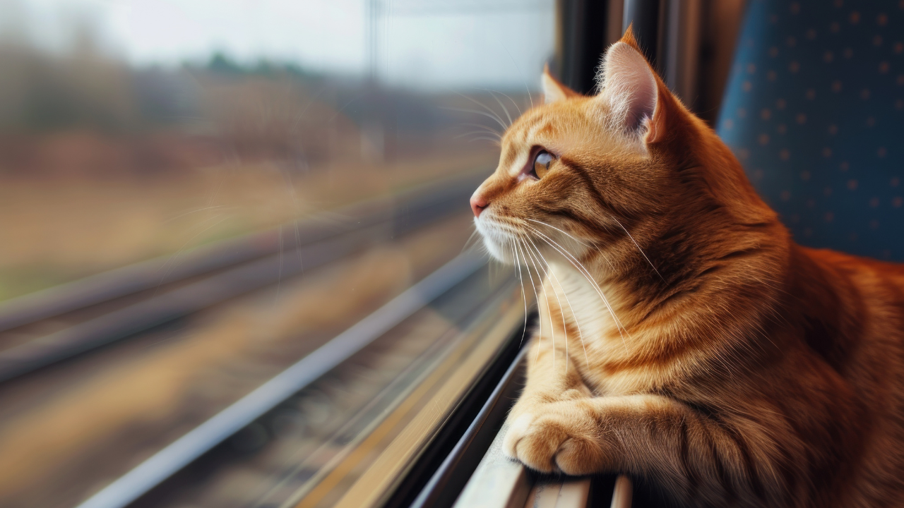 Zugfahrt_mit_Katze Eine Katze fährt entspannt im Zug.