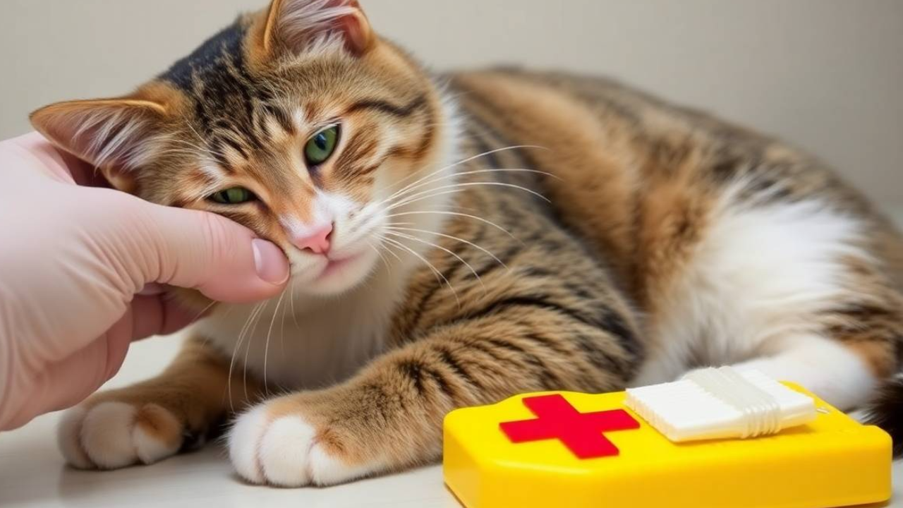 4_Verband_bei_Katzen Der Besitzer leistet Erste Hilfe bei seiner Katze.