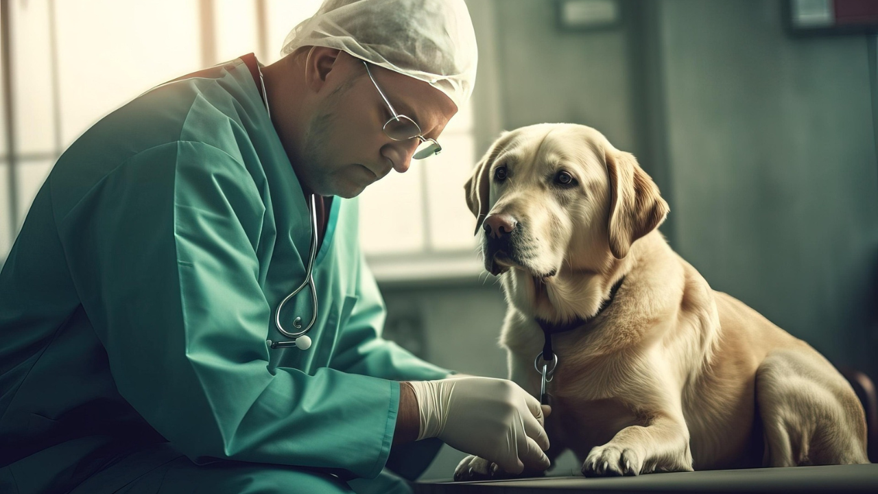 3_Durchfallerkrankungen_Hund Ein Tierarzt macht eine Kotuntersuchung bei einem Hund.