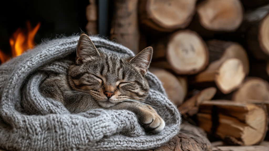 Eine Katze genießt einen gemütlichen Moment eingekuschelt in einer Decke vor dem Kamin.