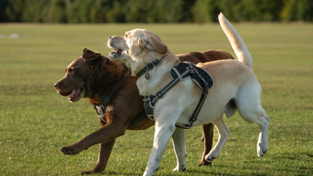 4_Wie viel Bewegung braucht Dein Hund Zwei aktive Hunde rennen nebeneinander über eine grüne Wiese.