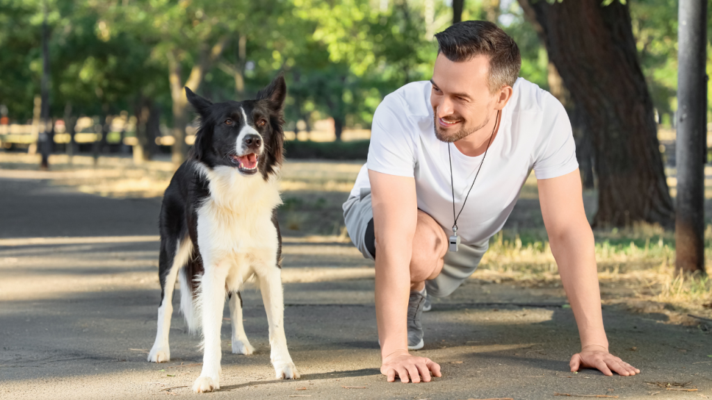 5_Bewegungsbedarf nach Rasse und Hundetyp Ein Mann steht in Startposition auf einem Parkweg, neben ihm ein aufmerksam wartender Border-Collie.