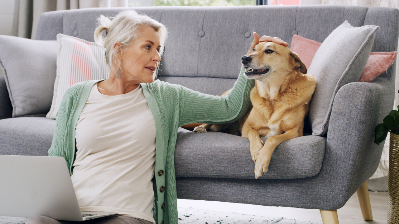 1_Unser PANDA-Tipp Ältere Frau sitzt auf dem Boden neben einem Sofa und streichelt liebevoll ihren Hund.